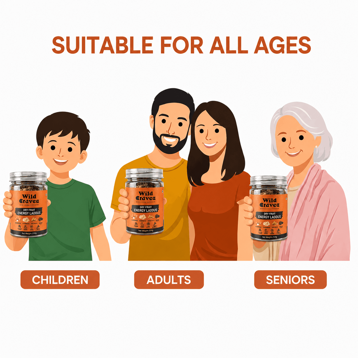 A family of children, adults and seniors each holding a jar of Wild Cravee laddus
